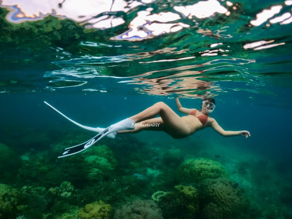Snorkeler gliding over a coral reef in crystal-clear water